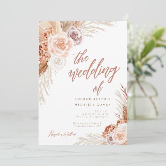 Roos Pampas Terracotta Boho Wedding Kaart (Staand voorkant)