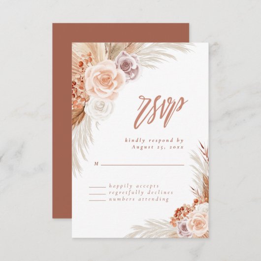 Roos Pampas Terracotta Boho Wedding RSVP Kaartje (Voorkant / Achterkant)