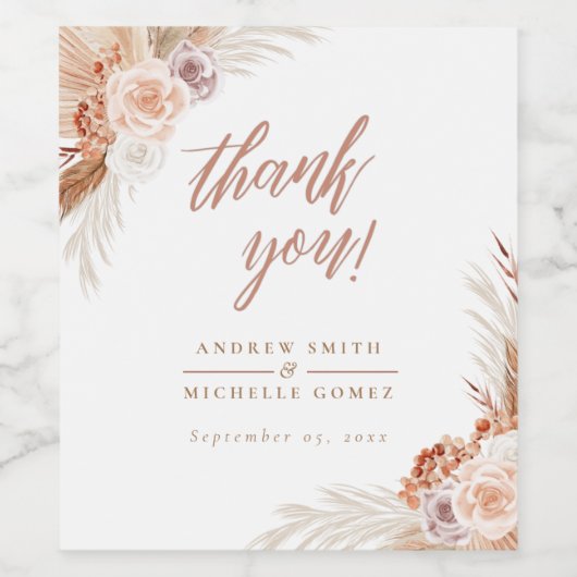 Roos Pampas Terracotta Boho Wedding Wijn Etiket (Enkel label)