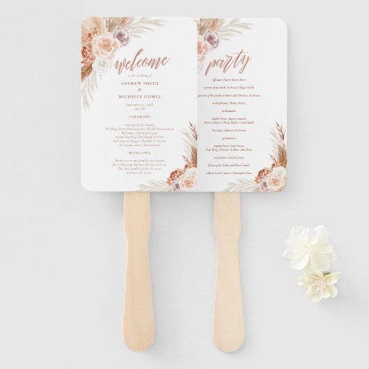 Roos Pampas Terracotta Palm Wedding Program Handwaaier (Voorkant en achterkant)