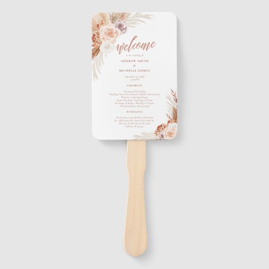 Roos Pampas Terracotta Palm Wedding Program Handwaaier (Voorkant)