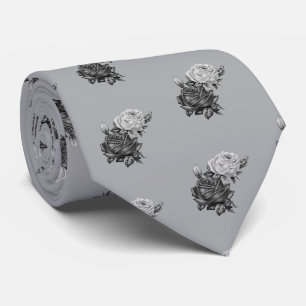 Roos Patroon Zwart Zilver Grijs Grijs Wit Stropdas