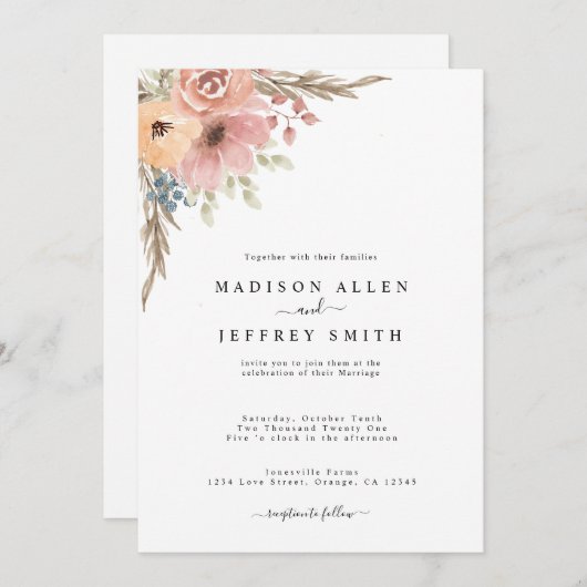  Roos Peach Floral Wedding Aankondiging (Voorkant / Achterkant)