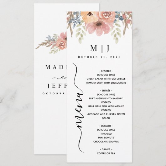  Roos Peach Floral Wedding Menu (Voorkant / Achterkant)