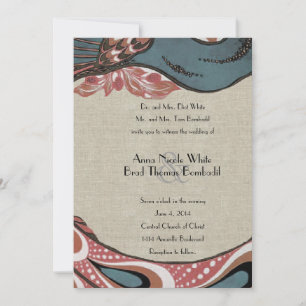 Roos Peacock Linen Wedding Invitation Kaart
