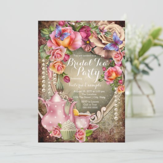  Roos Pearl Bridal Tea Party Kaart (Staand voorkant)