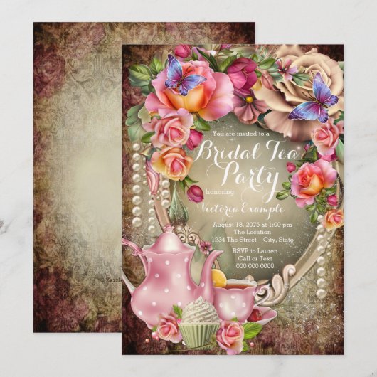  Roos Pearl Bridal Tea Party Kaart (Voorkant / Achterkant)
