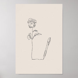 Roos Pen Schets - Minimaal Zwart & Bloemposter Poster