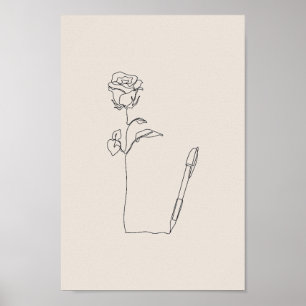 Roos Pen Schets - Minimaal Zwart & Bloemposter Poster