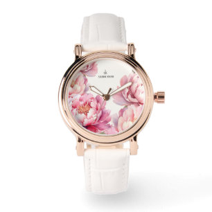 Roos Peonies Roze initialen gepersonaliseerde eWat Horloge
