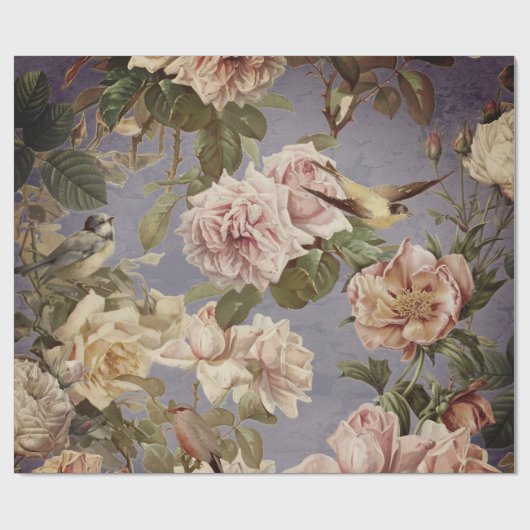  Roos Peony Birds Blue-ontkoppeling Cadeaupapier (Vlak)