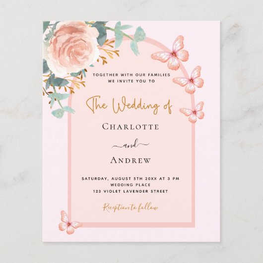 Roos perzik bloemengroen boog huwelijksuitnodiging (Voorkant)