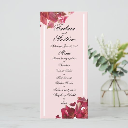 Roos Petal Pink Romantic Weddenschappen Reception  Menu (Staand voorkant)