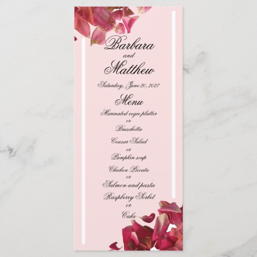 Roos Petal Pink Romantic Weddenschappen Reception  Menu (Voorkant)