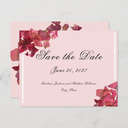 Roos Petal Roze Romantische Bruiloft Save The Date (Voorkant / Achterkant)