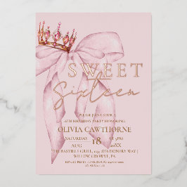 Roos Pink Bow Sweet 16 Folie Uitnodiging