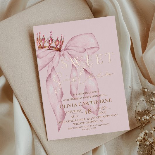Roos Pink Bow Sweet 16 Folie Uitnodiging