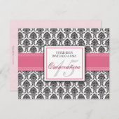 ROOS Pink Damask Quinceañera Invitación Kaart (Voorkant / Achterkant)