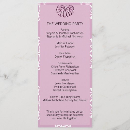 Roos Pink Damask Wedding Program Programmakaart (Achterkant)