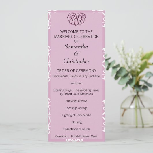 Roos Pink Damask Wedding Program Programmakaart (Staand voorkant)