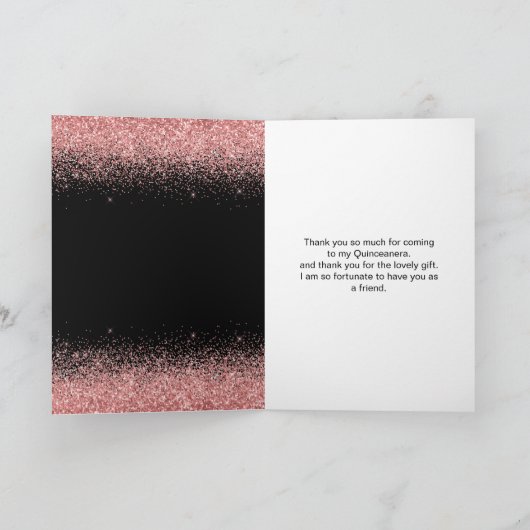 Roos Pink Dress Faux Glitter Quinceanera Bedankkaart (Binnen)