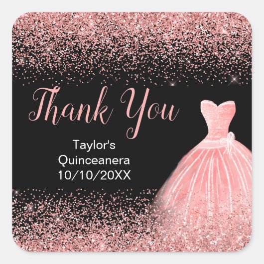 Roos Pink Dress Faux Glitter Quinceanera Vierkante Sticker (Voorkant)