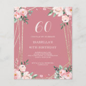 Roos | Pink Floral 60th Budget Verjaardag uitnodig (Voorkant)