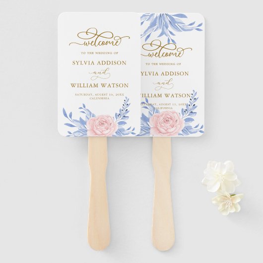 Roos - Pink Floral Gold Minimal Dusty Blue Wedding Handwaaier (Voorkant en achterkant)