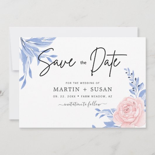 Roos - Pink Floral Gold Minimal Dusty Blue Wedding Save The Date (Voorkant)