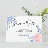 Roos - Pink Floral Gold Minimal Dusty Blue Wedding Save The Date (Staand voorkant)