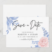 Roos - Pink Floral Gold Minimal Dusty Blue Wedding Save The Date (Voorkant / Achterkant)