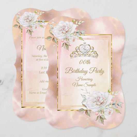 Roos Pink Gold Princess Birthday Party Invite 2 Kaart (Voorkant / Achterkant)