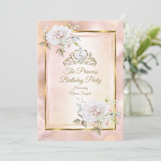 Roos Pink Gold Princess Birthday Party Invite Kaart (Staand voorkant)