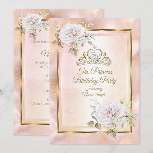 Roos Pink Gold Princess Birthday Party Invite Kaart (Voorkant / Achterkant)