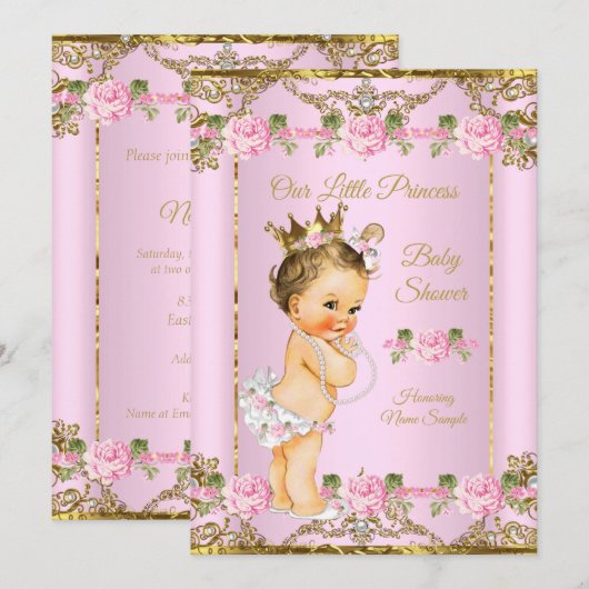 Roos Pink Gold White Princess Baby shower Brunette Kaart (Voorkant / Achterkant)