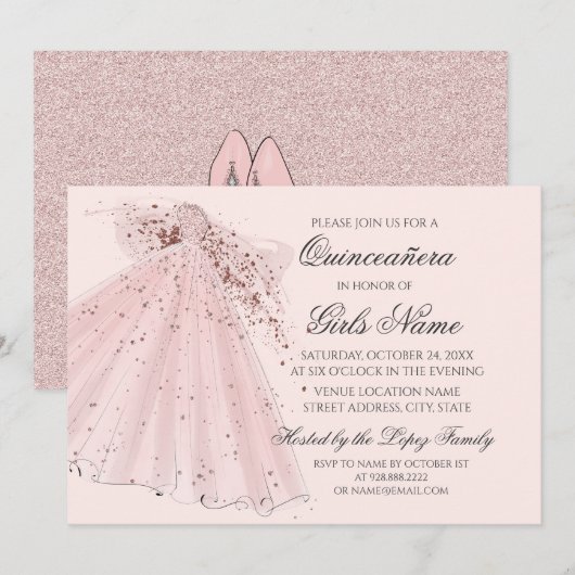 Roos Pink Heels en Gown Quinceañera Kaart (Voorkant / Achterkant)