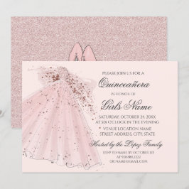 Roos Pink Heels en Gown Quinceañera Kaart