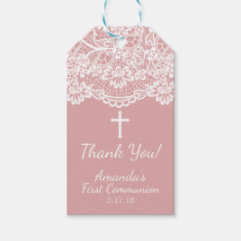Roos PInk  Kant Eerste Communie Gift Label Cadeaulabel