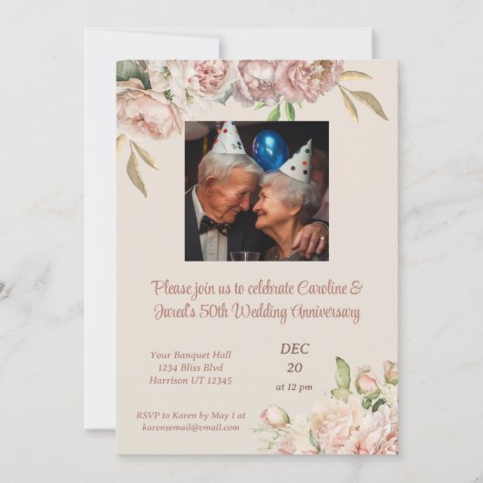  Roos Pioen 50e Bruiloft Jubileum Party Kaart (Voorkant)