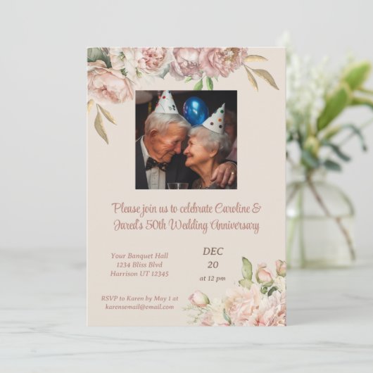 Roos Pioen 50e Bruiloft Jubileum Party Kaart (Staand voorkant)