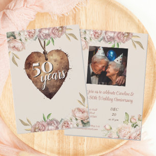  Roos Pioen 50e Bruiloft Jubileum Party Kaart
