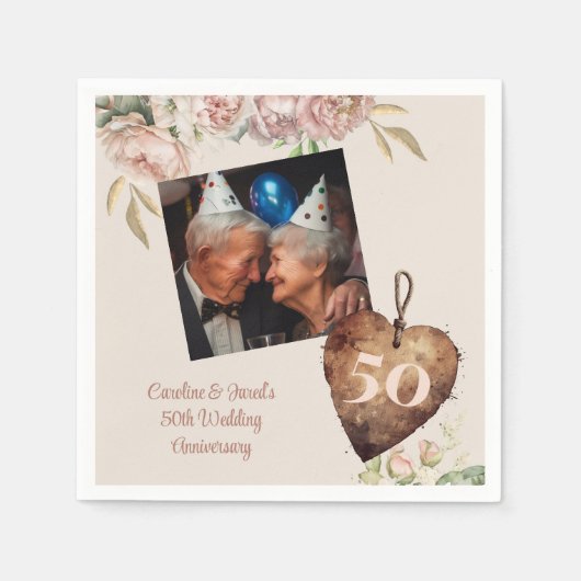  Roos Pioen 50e Bruiloft Jubileum Party Servet (Voorkant)
