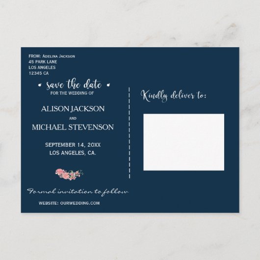 Roos pioenrozen bloemenblauw roze bruiloft opslaan aankondigingskaart (Achterkant)