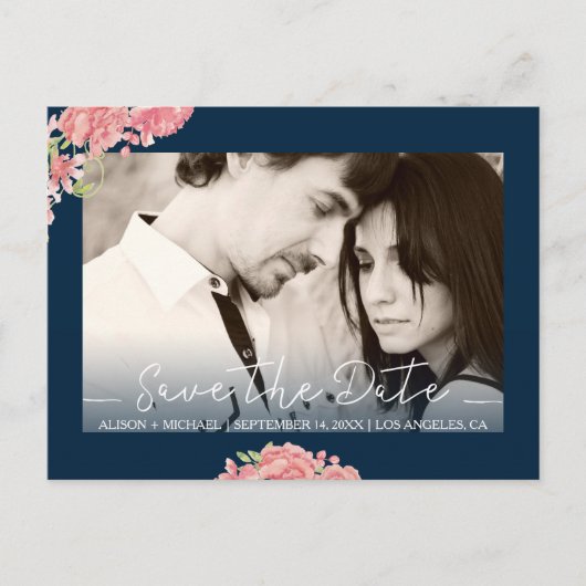 Roos pioenrozen bloemenblauw roze bruiloft opslaan aankondigingskaart (Voorkant)