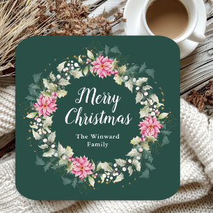 Roos Poinsettia Krans Prettig Kerstfeest Kartonnen Onderzetters