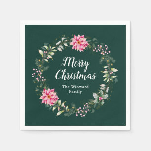 Roos Poinsettia Krans Prettig Kerstfeest Servet
