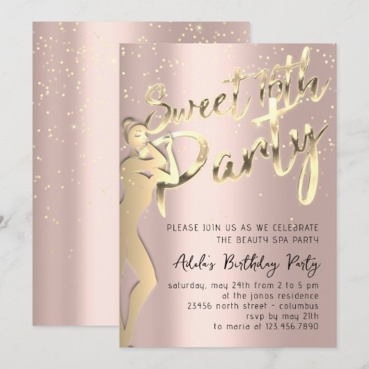 Roos Powder Gold Confetti Sweet 16th Party Kaart (Voorkant / Achterkant)