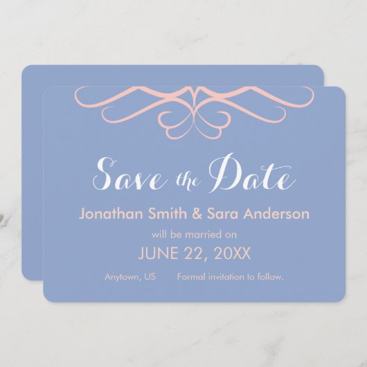 Roos Quartz op blauw, Elegant Save the Date (Voorkant / Achterkant)