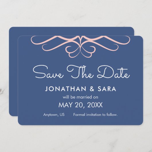 Roos Quartz op Denim Blue, Elegant Save the Date (Voorkant / Achterkant)