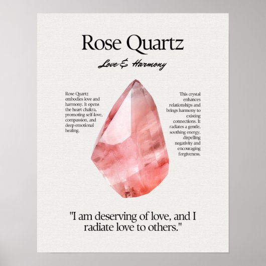 Roos Quartz Stone Crystal Betekenis Kaart Poster (Voorkant)